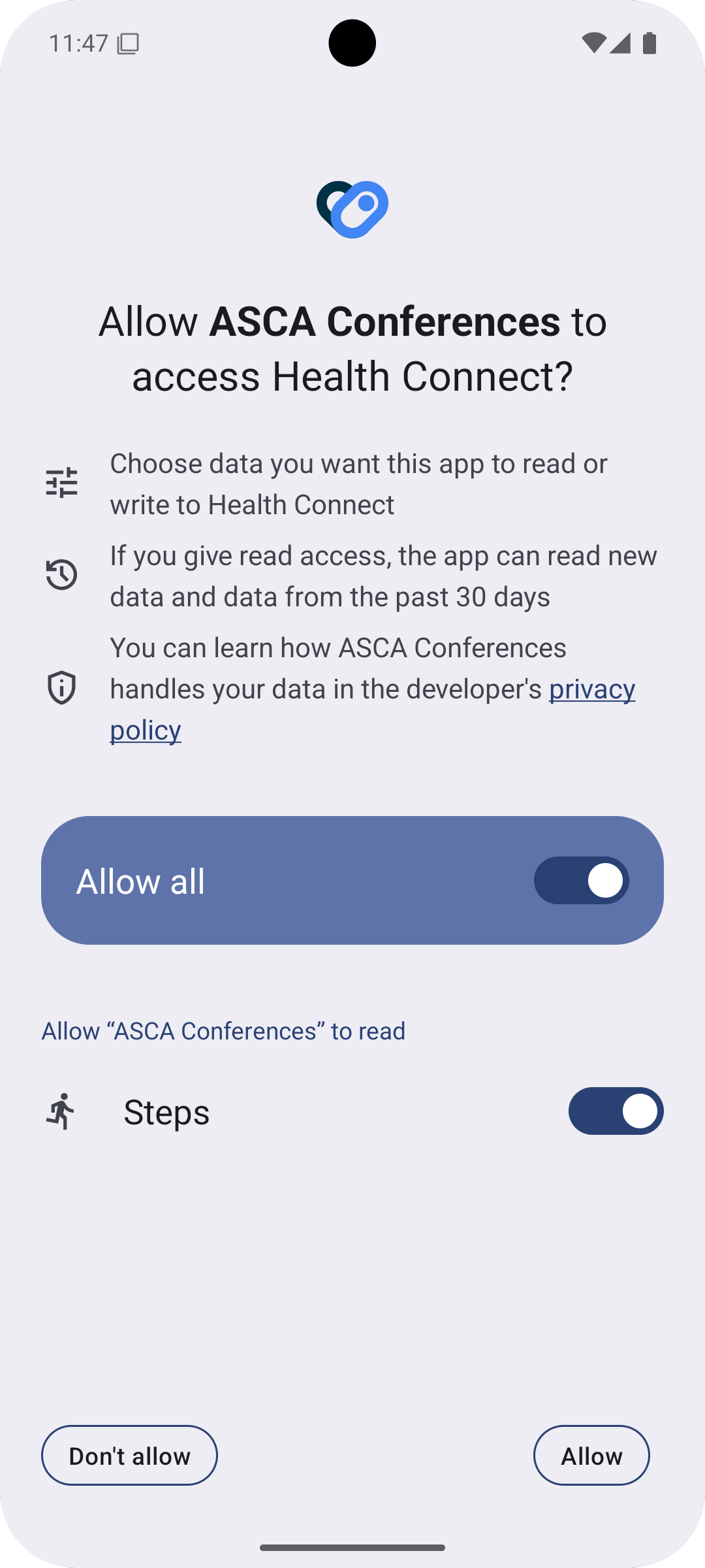 Android Health Connect permission screen with Steps access enabled