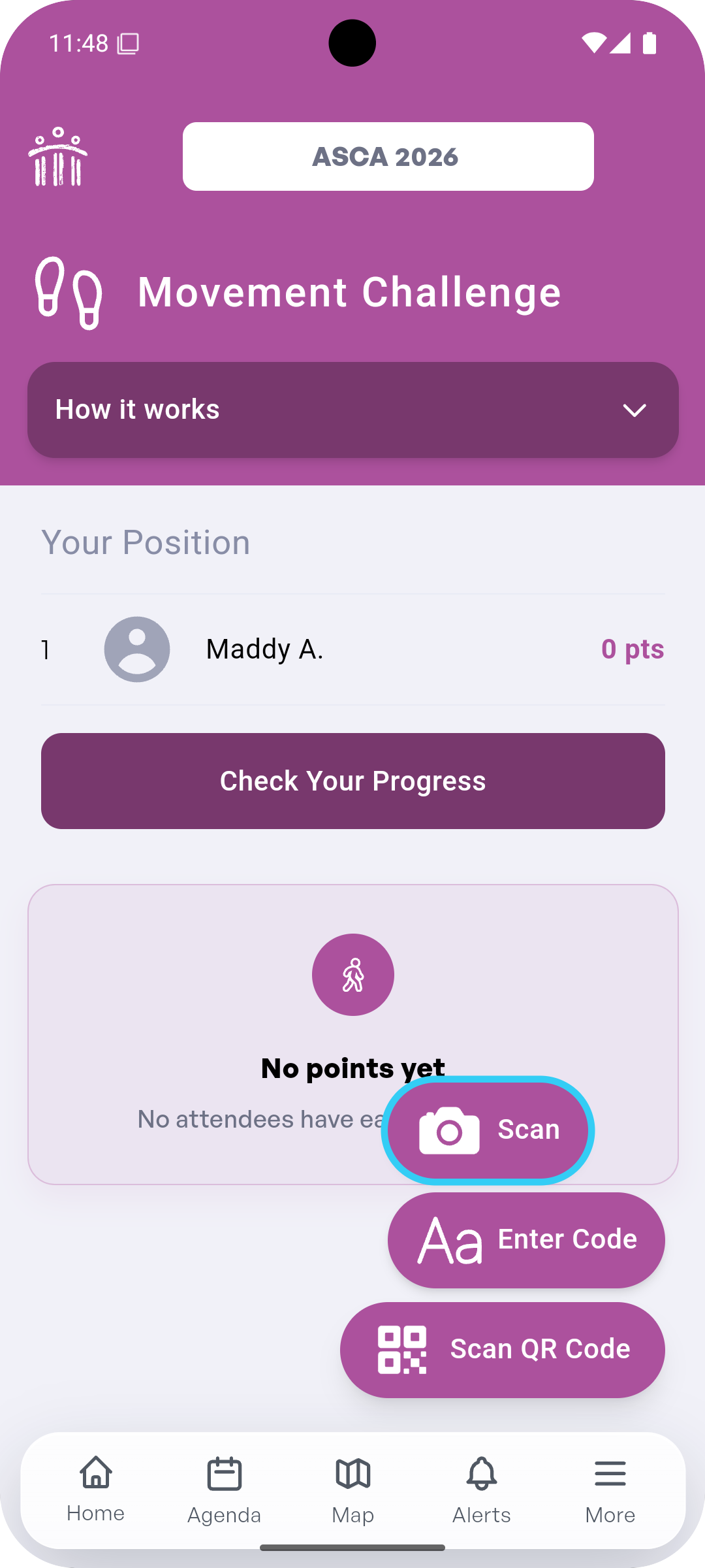 Movement Challenge screen showing Scan QR Code and Enter Code options