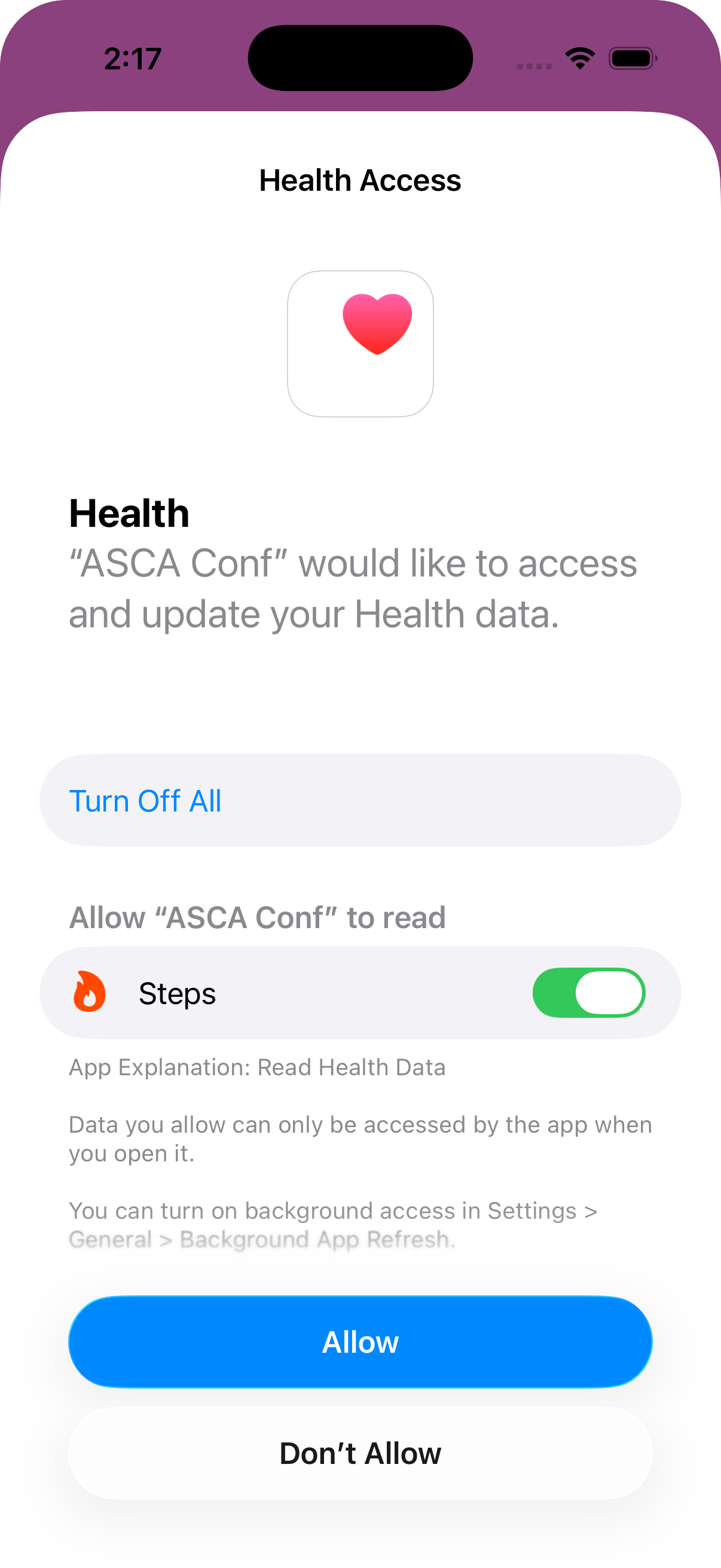 iPhone Health Access permission screen with Steps enabled