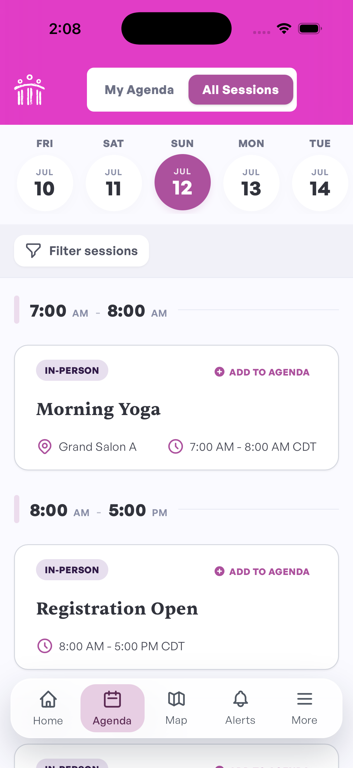 session list with agenda, date picker, filters, and add to agenda button
