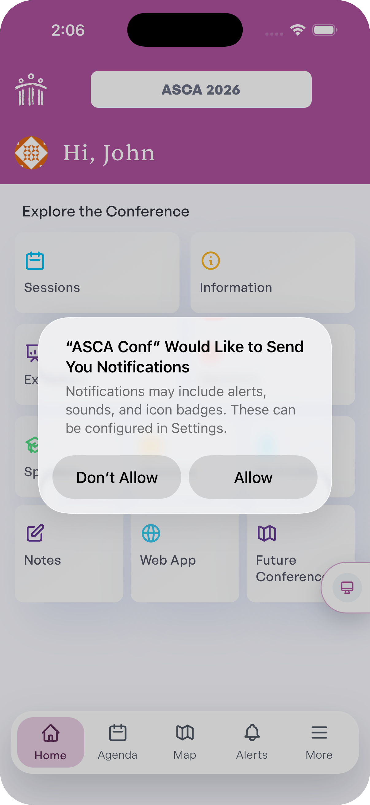 iOS notification permission prompt for the ASCA Conferences app