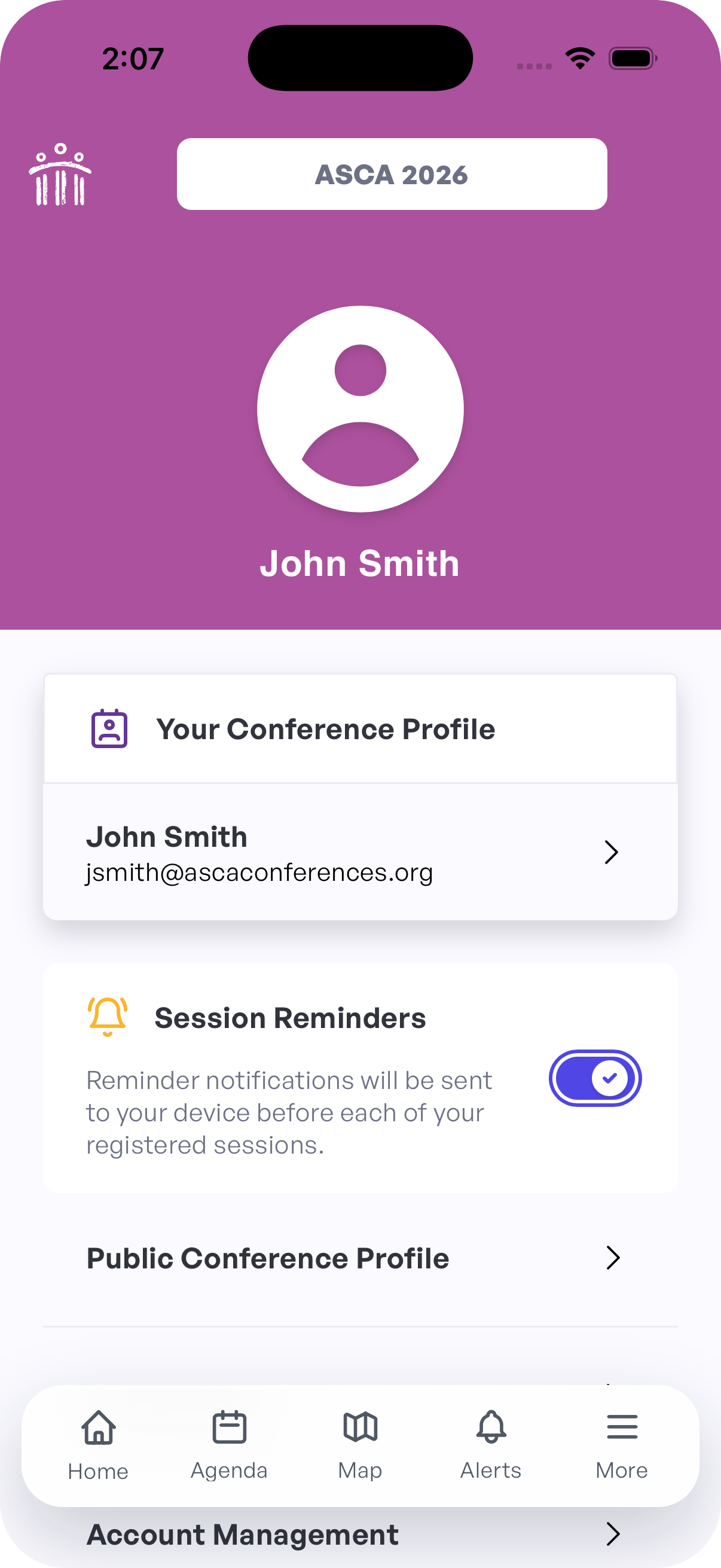 Session Reminders toggle on the ASCA Conferences profile screen