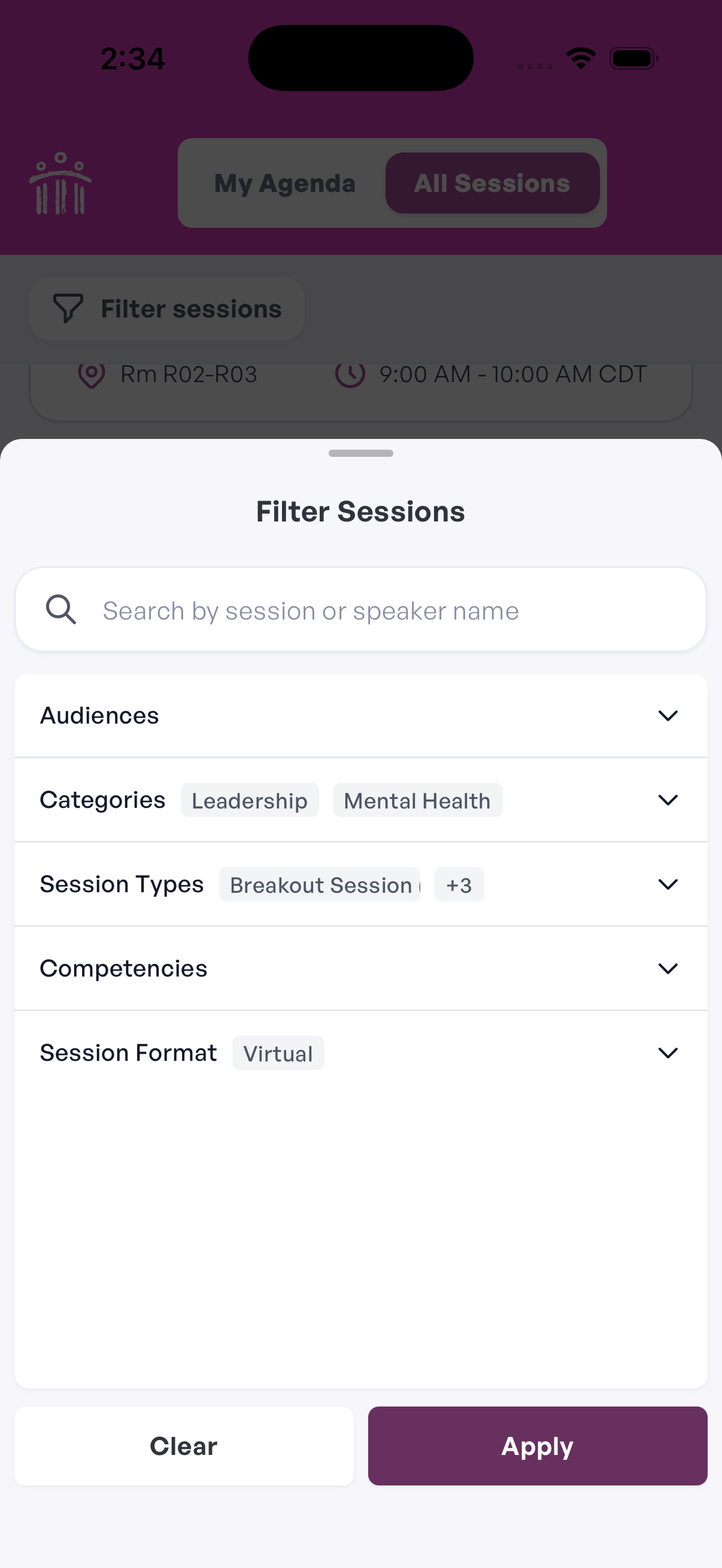 session filter panel with search and filter categories