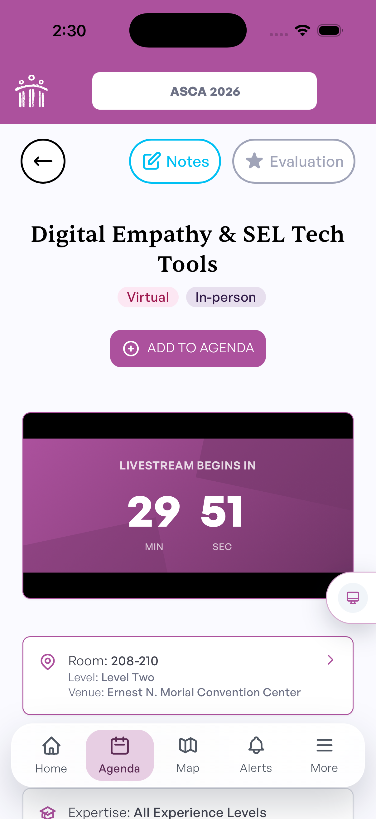 livestream countdown on a session page